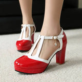 Spring Autumn New Style Fashion High-heeled Women's Shoes Color Block Round Head Shallow Mouth Buckle Square Heel Women's Shoes