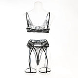 Embroidery Lingerie 3Pcs Sets Ultrathin Mesh Patchwork See Through Bras And Thongs Garter Suits Erotic Intimate Sexy Underwear