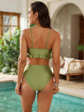 Sexy Bead Tying Rope Bikini Set Women 2025 Green Pleate Ruffles High Waist Swimsuit Beach Bathing Suit Skirt 3 Piece Swimwear