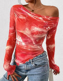 Women's Off-Shoulder Ruffled Sleeve Long-Sleeve Top with Asymmetrical Tie-Dye Mesh Asymmetrical Pleated Floral Print T-Shirt