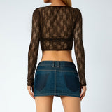 Sweet Sexy Girl Floral Lace See Through Cardigan Shirt Women Long Sleeve V Neck Slim Crop Top Beach Club Single Breasted Tops