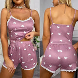 Women's Two-Piece V-Neck Suspender Lace Lace Printed Top and Shorts Women's Casual Printed Pajama Set