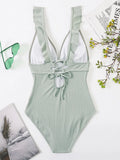 2026 Ruffle Swimsuit One Piece Solid V-neck Backless Swimwear Women Bathing Swimming Swim Suit Female Padded Beach Wear Summer
