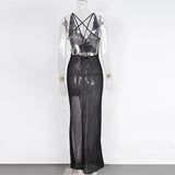 S - XL V Neck Slit Long Dress Sexy Mesh Backless Knitted Crochet Tunic Beach Cover Up Cover-ups Beach Dress Beachwear V3767B
