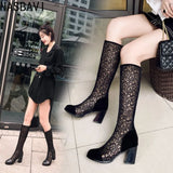 Sexy Women Knee High Boots Square Heel Punk Lace Mesh Boots Gladiator Cool Boots Breathable Women's Sandals Botas De Mujer New