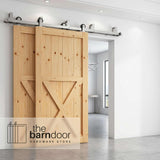 Straight Top Mount Brushed Nickel Double Bypass Barn Door Hardware Kit