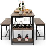 Modern Industrial 3-Piece Metal Wood Dining Set with 2 Benches and Wine Rack