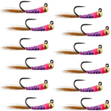Tungsten Hot Spot Purple Perdigon Tactical  Nymph Fly - 12 Flies Size 14