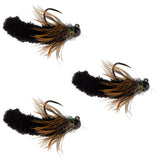 3 Pack Tungsten Bead Black Mop Fly Tactical Jig Czech Euro Nymph Barbless Fly - Size 14