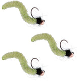 3 Pack Tungsten Bead Chartreuse Wormy Mop Fly Tactical Jig Czech Euro Nymph Barbless -  Size 14