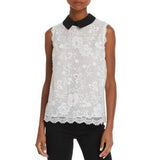 Aqua Chic White Lace Macrame Collared Top, Size Medium