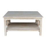 Square Unfinished Solid Wood Coffee Table with Bottom Shelf