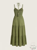 Cupshe Womens Olive Green Notched Neck Halter MIDI Beach Dress, Medium