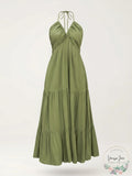 Cupshe Womens Olive Green Notched Neck Halter MIDI Beach Dress, Medium