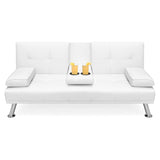White Faux Leather Convertible Sofa Futon with 2 Cup Holders