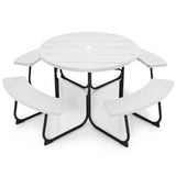 White Outdoor Metal and HDPE Picnic Table Bench Set with Umbrella Hole - Seats 8