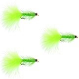 3 Pack Chartreuse Bead Head Crystal Woolly Bugger Streamer Fly - Size 4