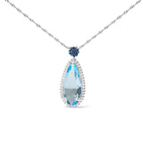 18K White Gold 3/8 Cttw Pave Set Diamond and Sky Blue Topaz and Blue Sapphire Gemstone Floral Teardrop Halo 18" Pendant Necklace (G-H Color, SI2-I1 Clarity)