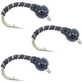 3 Pack Bead Head Black Zebra Midge Still Water Nymph Fly Fishing Fly Hook Size 16