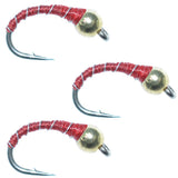 3 Pack Bead Head Red Zebra Midge Still Water Nymph Fly Fishing Fly Hook Size 16