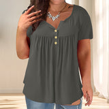 Plus-size Womens Solid-color Button-up Loose T-shirt