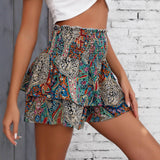 Ethnic-style Printed High-waisted Pleated Wide-leg Shorts