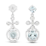 4.42 Carat Genuine Aquamarine and White Zircon .925 Sterling Silver Earrings