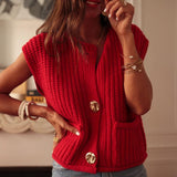 Solid-Color Textured Knitted Waistcoat With Side Pockets And Buttons