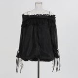 Retro Off-the-Shoulder Strap Bell-Sleeve Solid Color Chiffon Top