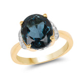 14K Yellow Gold Plated 6.09 Carat Genuine London Blue Topaz & White Diamond .925 Sterling Silver Ring