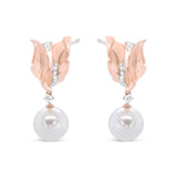 14K Rose Gold 1/6 Cttw Round Diamond and 8mm Round Pearl Floral Drop Stud Earrings (H-I Color, I1-I2 Clarity)