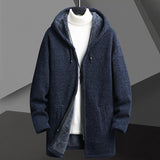 Fall Winter Men Fleece-lined Mid-length Zipper Hooded Sweater Cardigan
