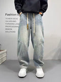 Patchwork Vintage Washed Loose Straight-leg Pants American-style Edgy And Cool Sabre-cut Trousers