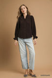 Umgee Corduroy Ruffle Shirt with Long Puff Sleeves