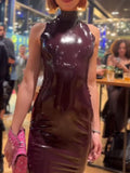 Patent Leather Halter Cross-Strap Mermaid Maxi Dress