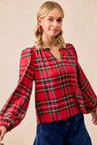 BiBi Christmas Plaid Balloon Sleeves Ruffled V-Neck Top