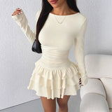 Round-neck Sheath Dress With Pleats And Long Sleeves