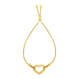 Adjustable Bracelet with Shiny Open Heart in 14k Yellow Gold