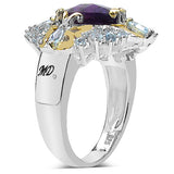 3.91 Carat Genuine Amethyst, Blue Topaz & White Diamond .925 Sterling Silver Ring