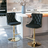 A&A Furniture,Golden Swivel Velvet Barstools Adjusatble Seat Height from 25-33 Inch, Modern Upholstered Bar Stools with Backs Comfortable Tufted for Home Pub and Kitchen Island(Black,Set of 2)