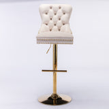 A&A Furniture,Thick Golden Swivel Velvet Barstools Adjusatble Seat Height from 27-35 Inch, Modern Upholstered Bar Stools with Backs Comfortable Tufted for Home Pub and Kitchen Island (Beige,Set of 2)
