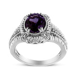 .925 Sterling Silver Prong Set Natural Oval Shape 9X7 MM Purple Amethyst Solitaire and Diamond Accent Ring (I-J Color, I1-I2 Clarity) - Ring Size 7