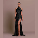 Elegant Stand-up Collar Long Dress Halter Neck Sleeveless Slit Slim Dress