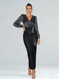Surplice Neck Knot Side Split Back Sequin Dress Black Elegant Long Sleeve Formal Evening Prom Wedding Guest Gown For Graduation Dinner Party Dress