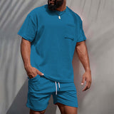 Mens Corduroy Casual Crew-Neck Shorts Set