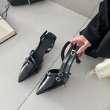 Women 2026 Summer New Pointed Toe Kitten Heel Closed Toe Sandals, British Style High Heels With Single Strap Buckle