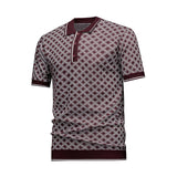 Men's Short Sleeve Knit Polo Shirt, Burgundy Diamond Geometric Jacquard, Smart Casual Retro Style, Breathable Knitted Top