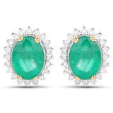 2.66 Carat Genuine Zambian Emerald and White Diamond 14K Yellow Gold Earrings