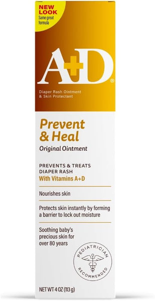 A+D Original Diaper Rash Ointment Prevents & Treats Diaper Rash, Moisturizing Skin Protectant with Vitamins A & D, Healing Skin Ointment for Dry and Cracked Skin 4oz