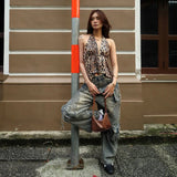 Elegant Halter-neck Backless Sequin Leopard-print V-neck Tank Top